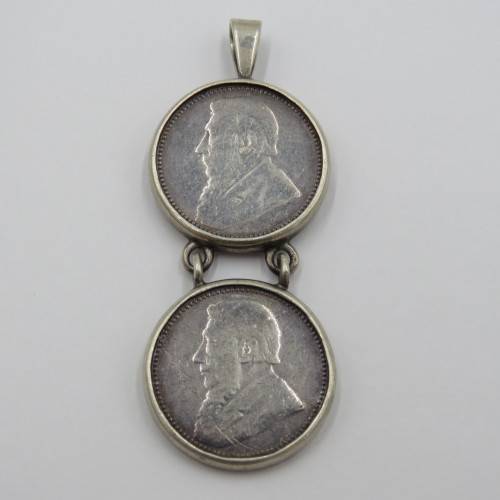 Pendants Silver pendant with pair of 1893 ZAR Paul Kruger 6d sixpence